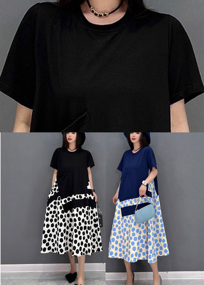 Black O-neck Dot Maxi Dresses Short Sleeve