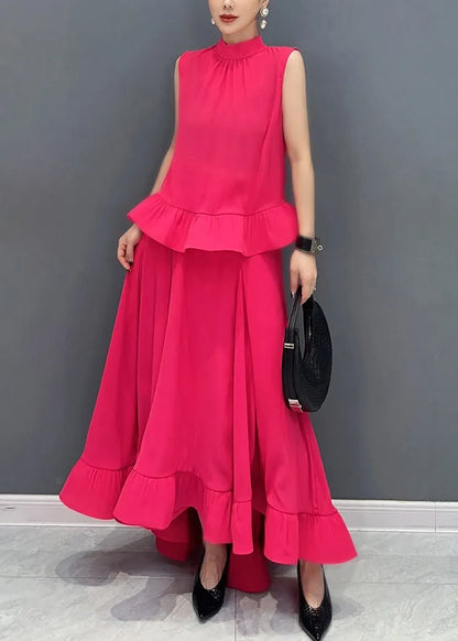 Organic Green O-neck Ruffled Top and Maxi Skirts Two Piece Set Sleeveless