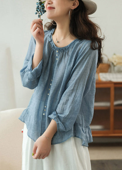 Blue Linen Shirt Top Button Ruffled Long Sleeve