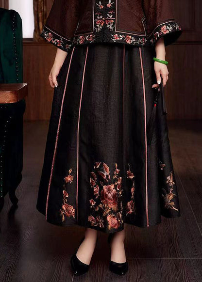 Chinese Style Black Embroideried Pockets Patchwork Silk Skirts Fall