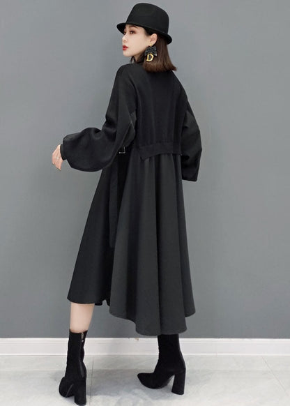 Black Turtle Neck Patchwork Cotton Vacation Dresses Long Sleeve