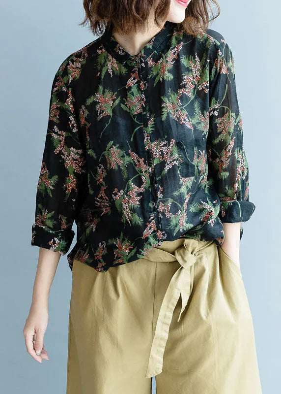 Black Peter Pan Collar Print Linen Shirt Tops Fall
