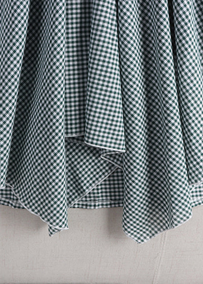 Green White Plaid Asymmetrical High Waist Cotton a Line Skirt Fall