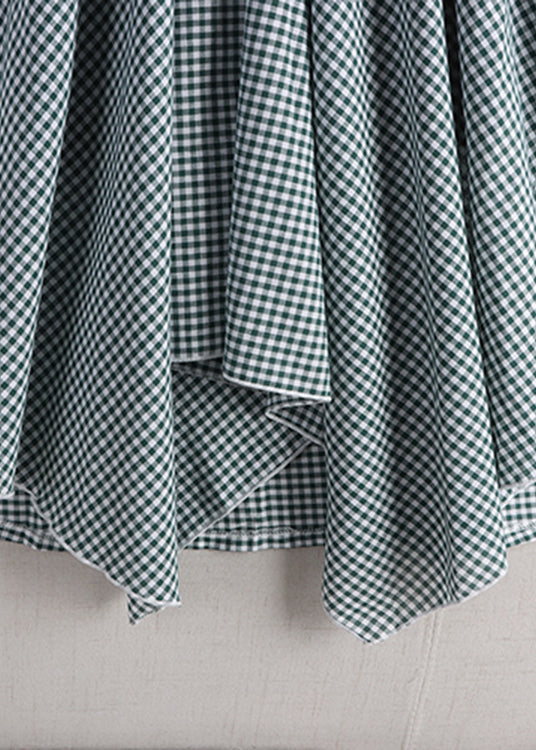 Green White Plaid Asymmetrical High Waist Cotton a Line Skirt Fall