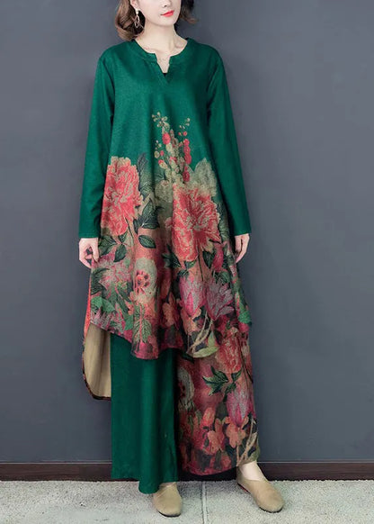 Green Silk Dress and Wide Leg Pants Two Pieces Set Low High Design Spring