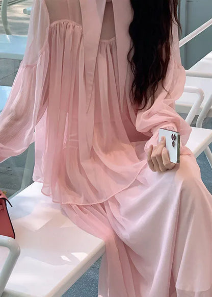 Pink Patchwork Wrinkled Tulle Shirt and Maxi Skirts Two Piece Set Spring