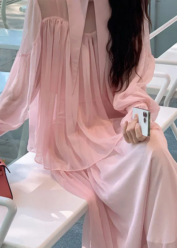 Pink Patchwork Wrinkled Tulle Shirt and Maxi Skirts Two Piece Set Spring