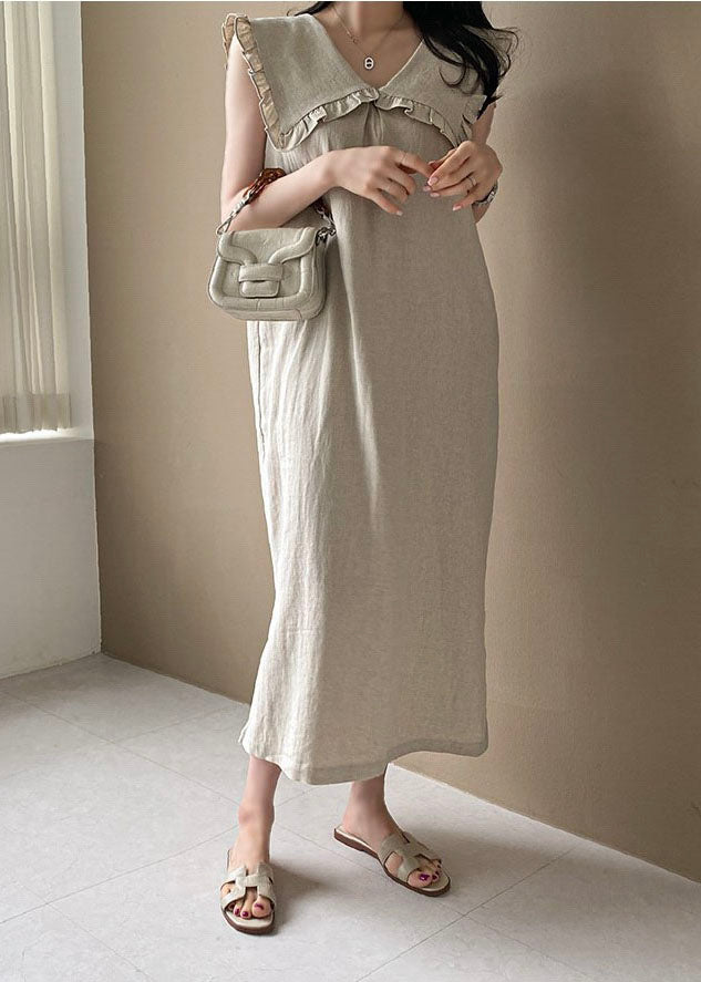 Beige Oversized Ruffled Side Open Linen Maxi Dress Sleeveless