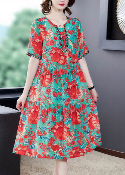Red O-neck Print Silk Party Dress Summer