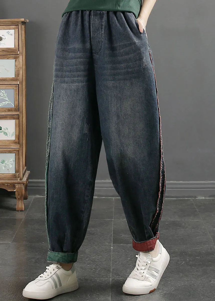 Blue Pockets High Waist Beam Denim Pants Fall