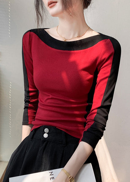 Fitted Black Slash Neck Patchwork Cotton T Shirts Fall