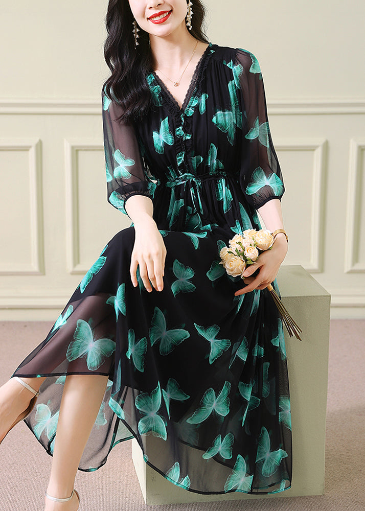 Green V Neck Print Drawstring Silk Dresses Summer