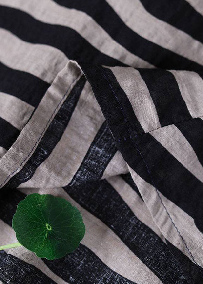 Black Loose O-neck Ruffled Fall Striped Shirt Top Half Sleeve
