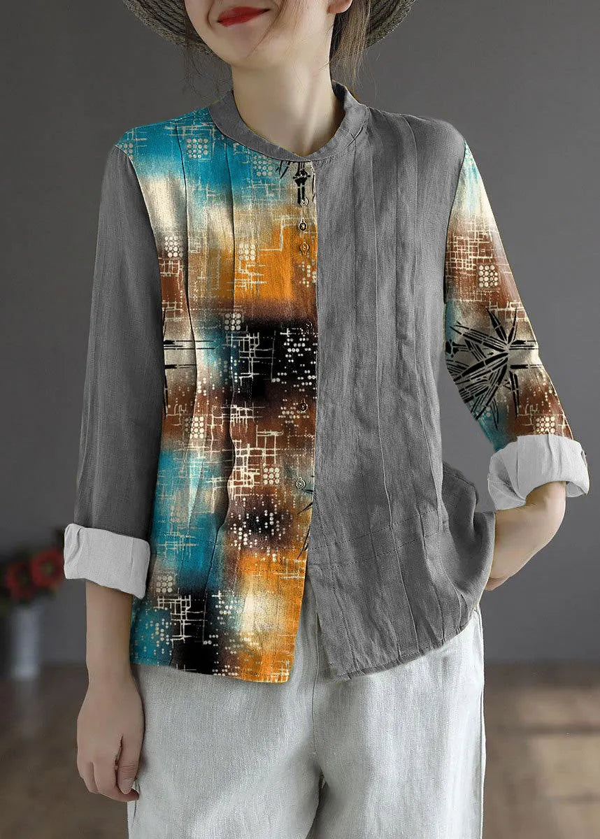 Gray Geometry Button Fall Top Long Sleeve Linen