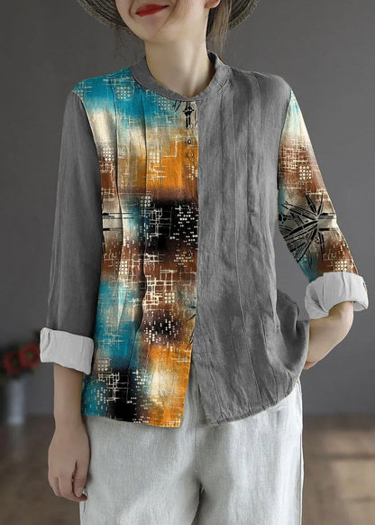 Gray Geometry Button Fall Top Long Sleeve Linen