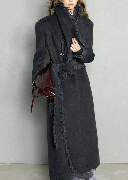 French Dark Gray Peter Pan Collar Plaid Woolen Long Coat Fall
