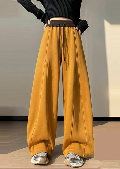 Yellow Elastic Waist Patchwork Warm Fleece Pants Winter