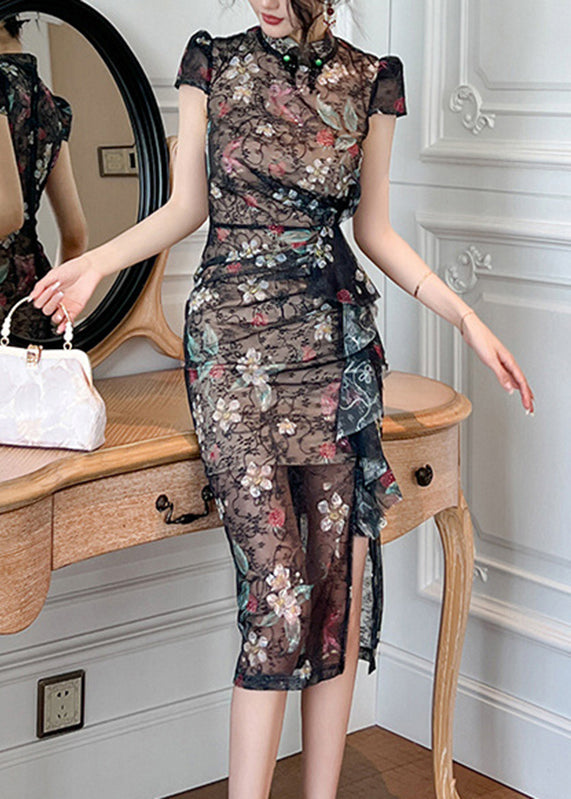 Black Stand Collar Print Ruffled Patchwork Lace Maxi Dresses Short Sleeve