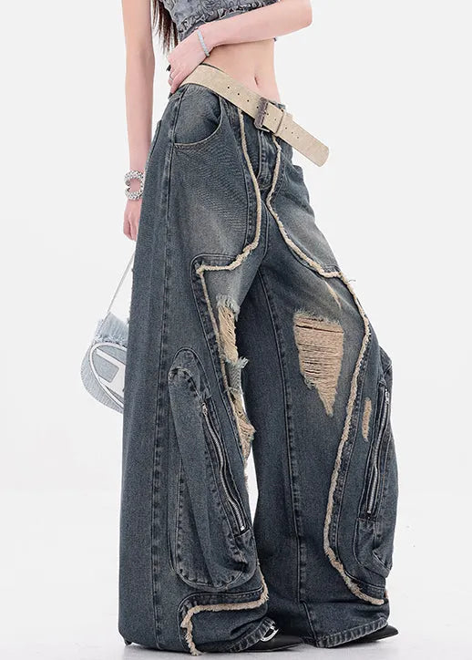 Denim Blue Hole Zippered High Waist Wide Leg Pants Fall