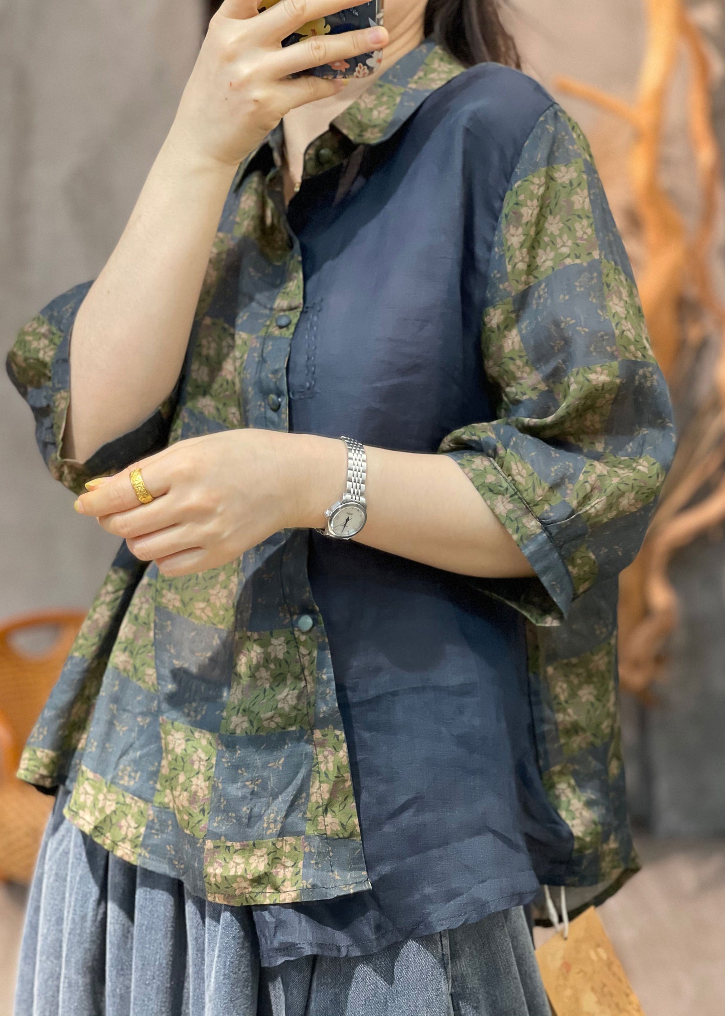 Navy Peter Pan Collar Print Patchwork Cotton Shirt Fall