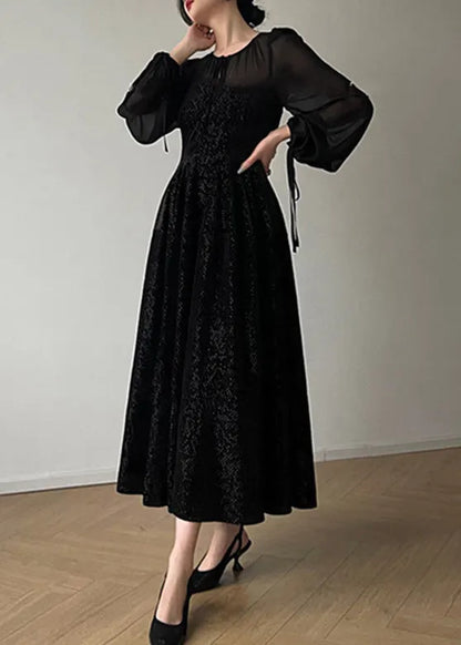 Black O-neck Tulle Drawstring Patchwork Velour Long Dresses Long Sleeve