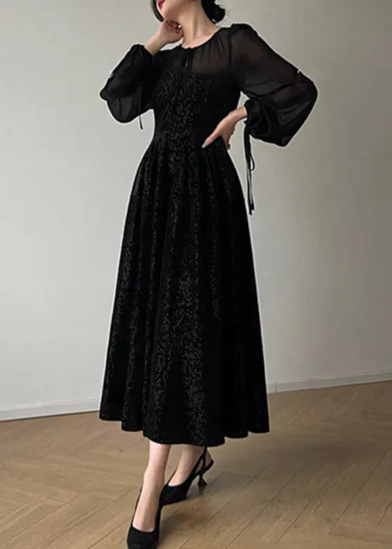 Black O-neck Tulle Drawstring Patchwork Velour Long Dresses Long Sleeve