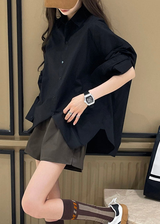 Black Peter Pan Collar Side Open Shirt Long Sleeve