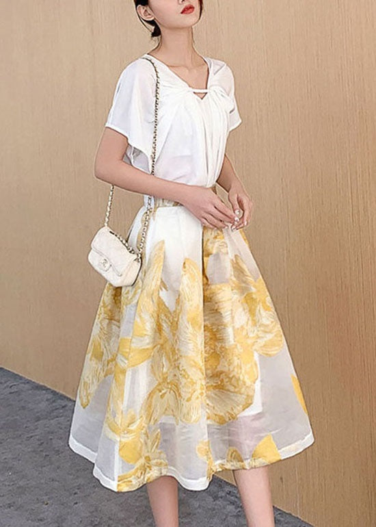 Yellow Wrinkled Patchwork Embroideried Tulle Skirt Summer