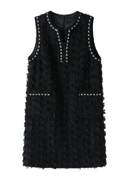 Black V Neck Patchwork Tassel Mid Dress Fall