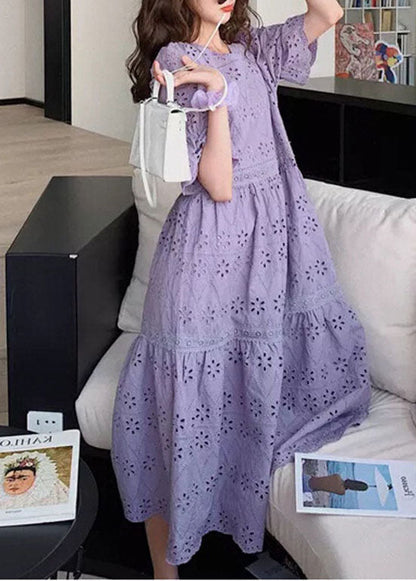 Purple Embroideried Hollow Out Patchwork Cotton Dress Puff Sleeve