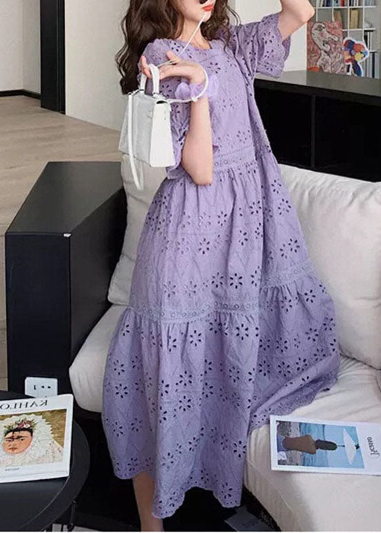 Purple Embroideried Hollow Out Patchwork Cotton Dress Puff Sleeve