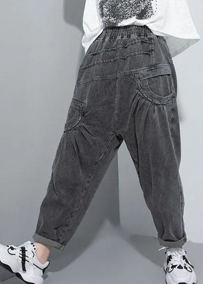 Handmade Black Elastic Waist Pockets Jean Pants Spring