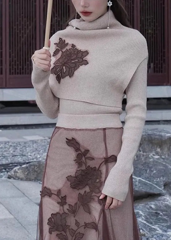 Art Khaki Embroideried Patchwork Silm Fit Knit Two Piece Top Set Winter