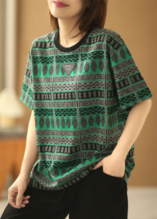 French Green O-neck Print Cotton Tank Tops Short Sleeve