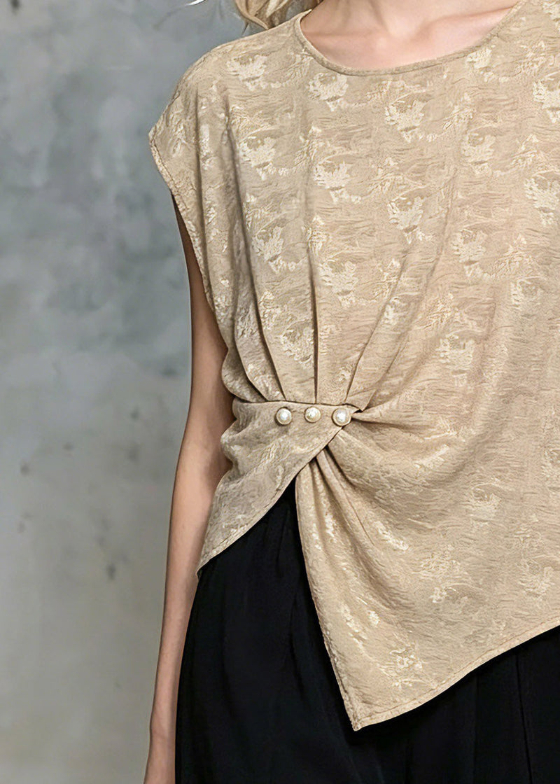 Classy Khaki Wrinkled Nail Bead Tops Short Sleeve