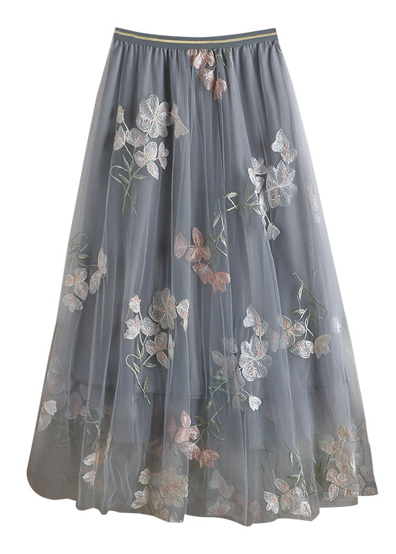 Grey Embroidered Elastic Waist Tulle Skirts Spring