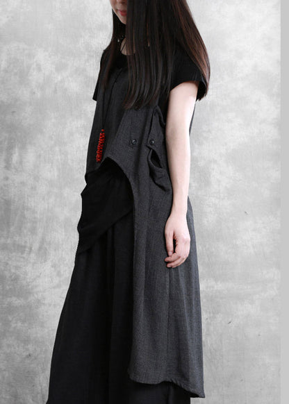 Dark Grey O-neck Asymmetrical Button Linen Waistcoat Sleeveless