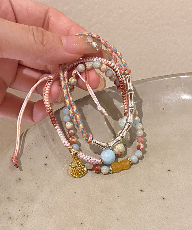 Rainbow Copper Hand Woven Bamboo Joint Charm Bracelet Three Pieces Set
