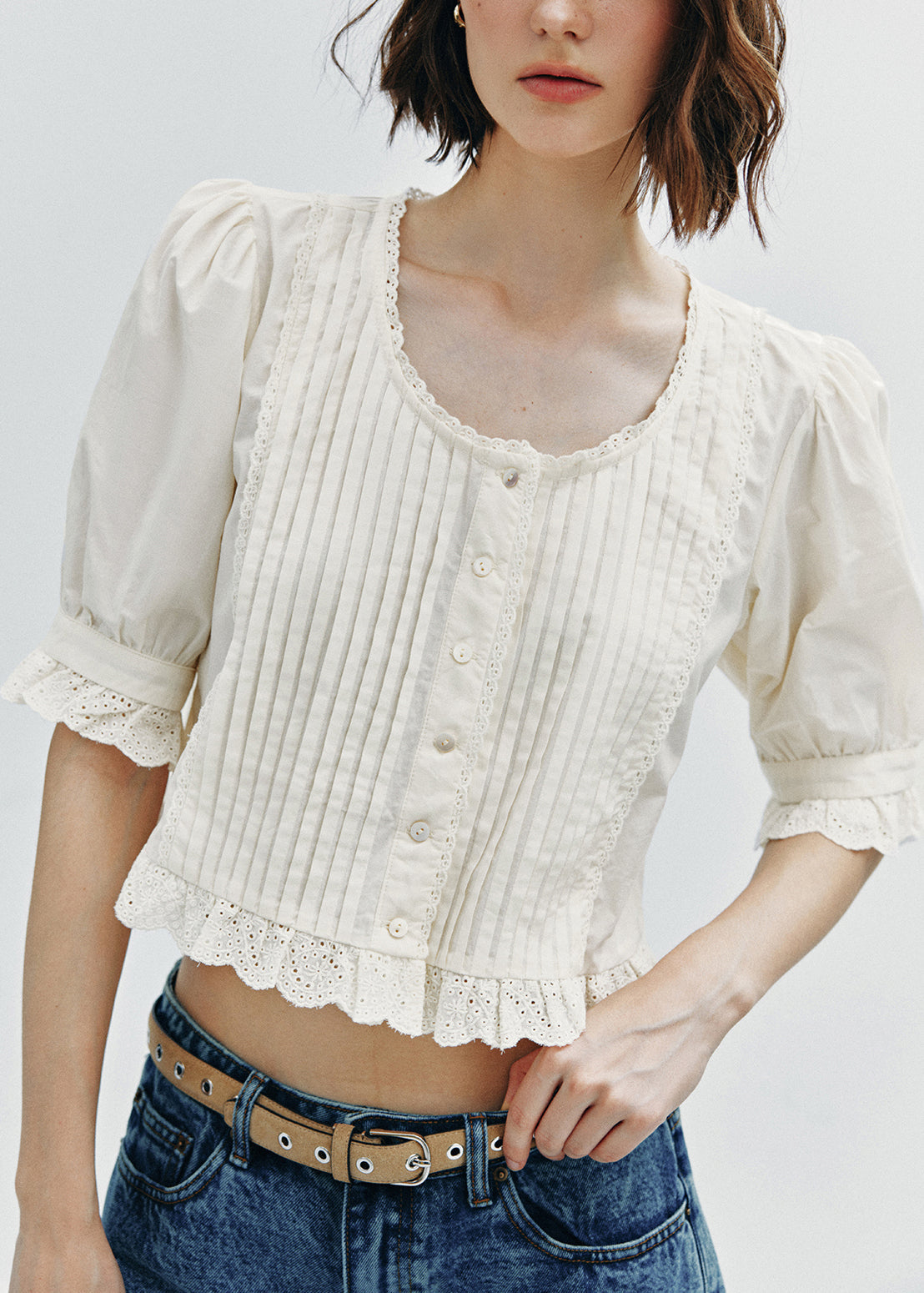 White Wrinkled Lace Patchwork Cotton Top Summer