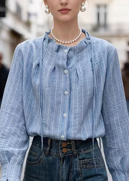 Natural Blue O Neck Striped Cotton Shirt Top Spring