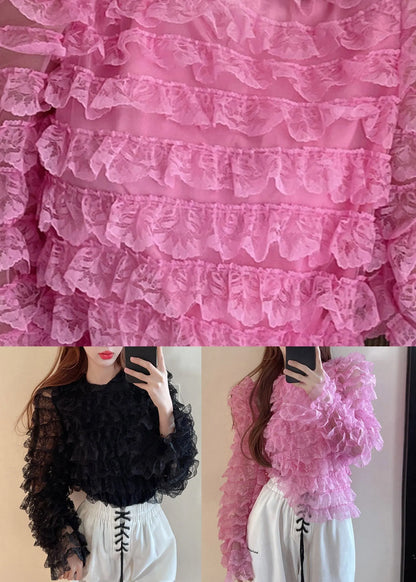 Black O-neck Ruffled Lace Top Long Sleeve