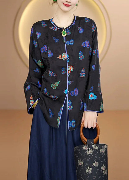 Black O Neck Print Button Silk Cardigans Fall