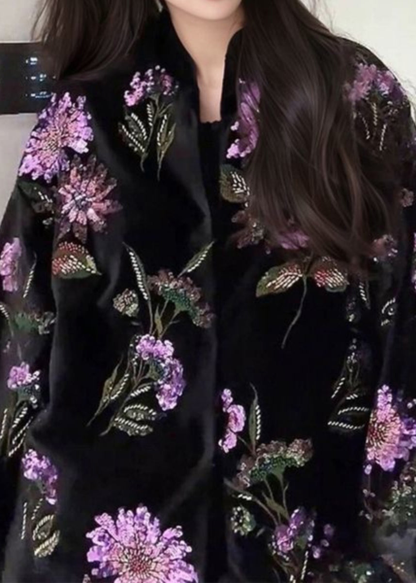 Chinese Style Black Embroidered Sequins Fine Cotton Filled Coat Spring