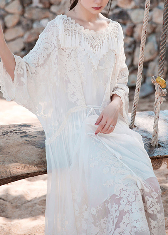 Organic Beige O-neck Embroideried Lace Tassel Silk Long Dress Long Sleeve