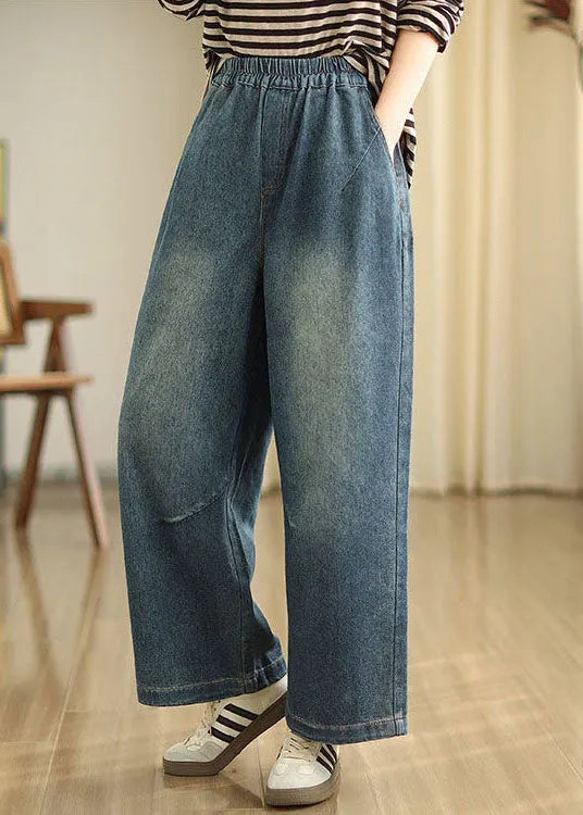 Blue Pockets Elastic Waist Denim Wide Leg Pants Spring