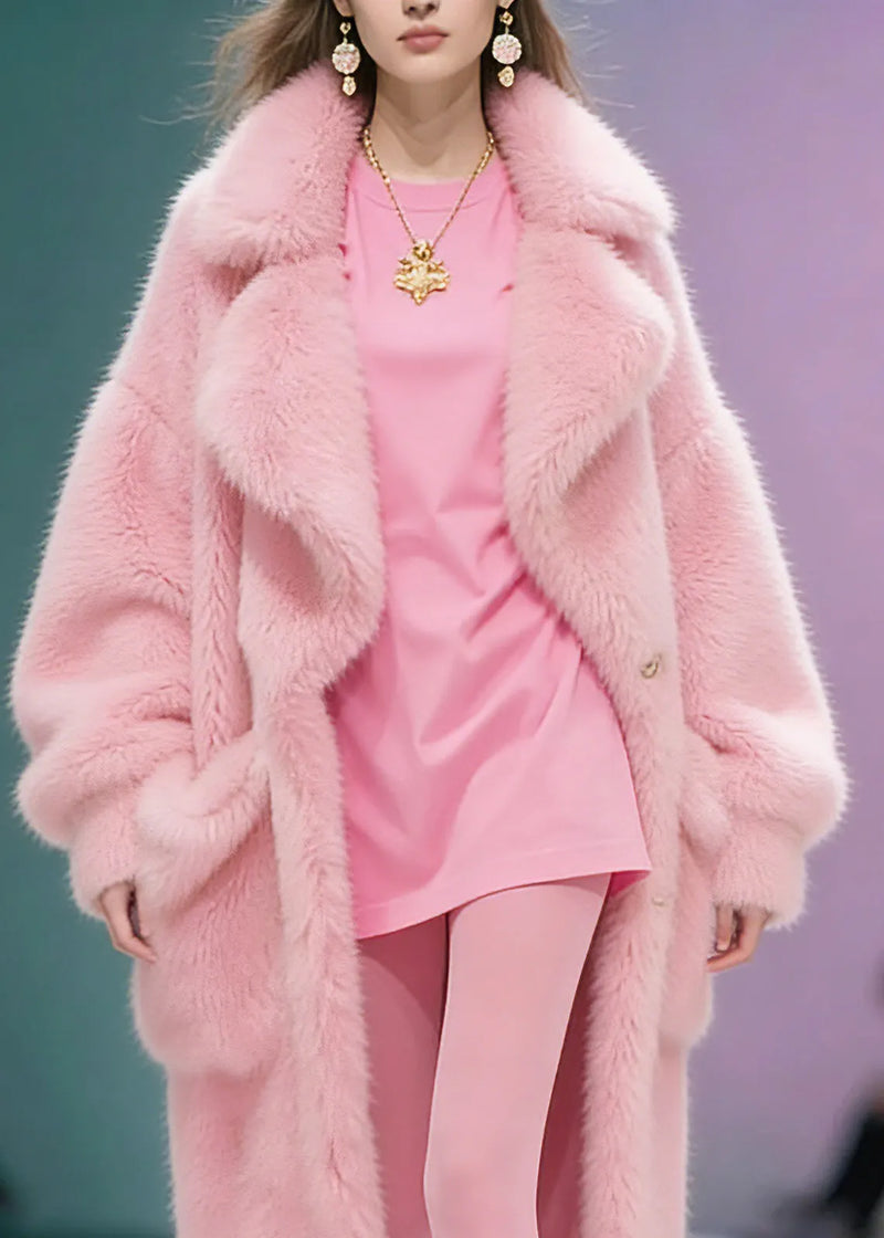 Pink Peter Pan Collar Pockets Patchwork Fuzzy Fur Fluffy Coat Winter