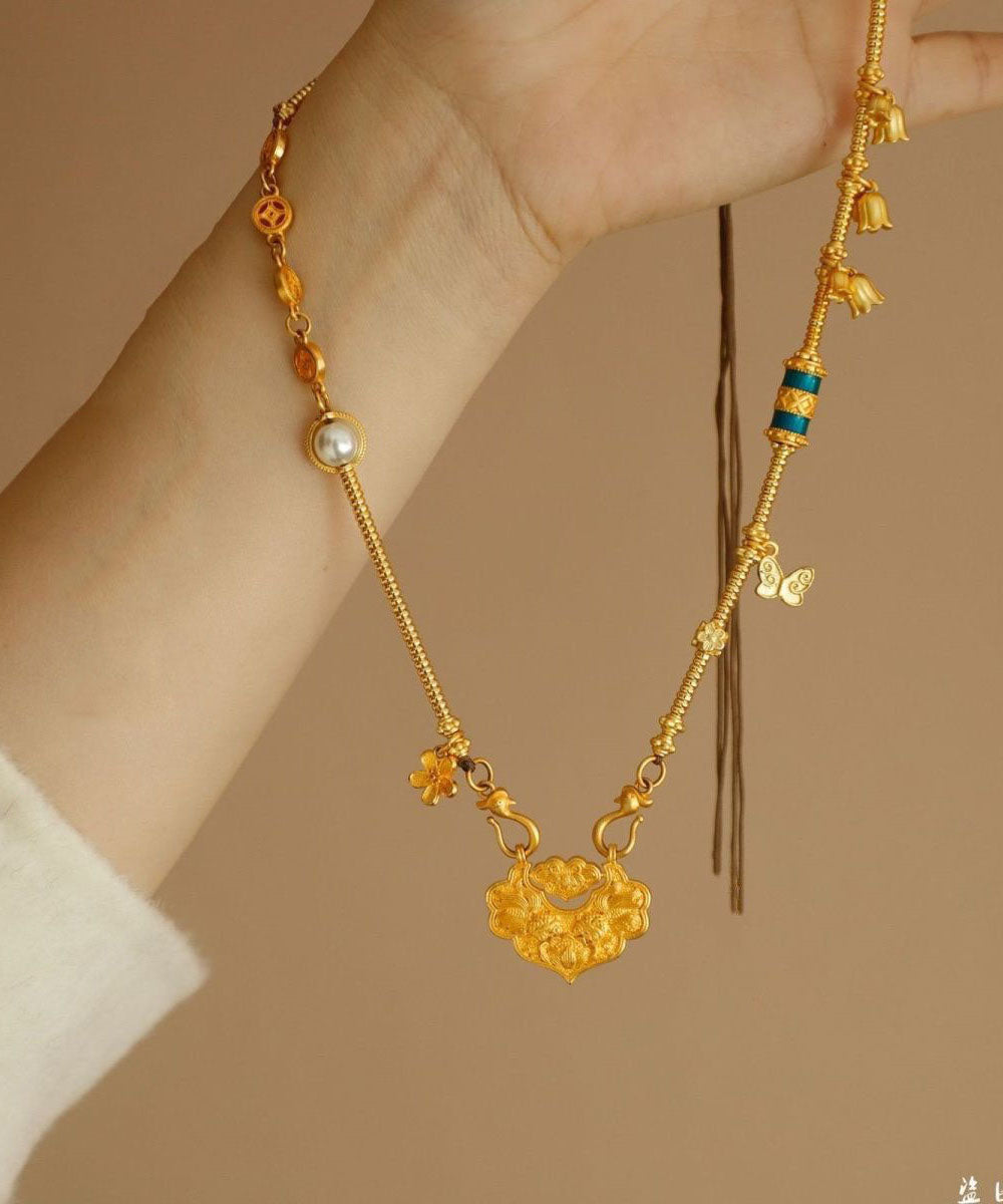 Fine Ancient Gold Butterfly Peal Pendant Necklace