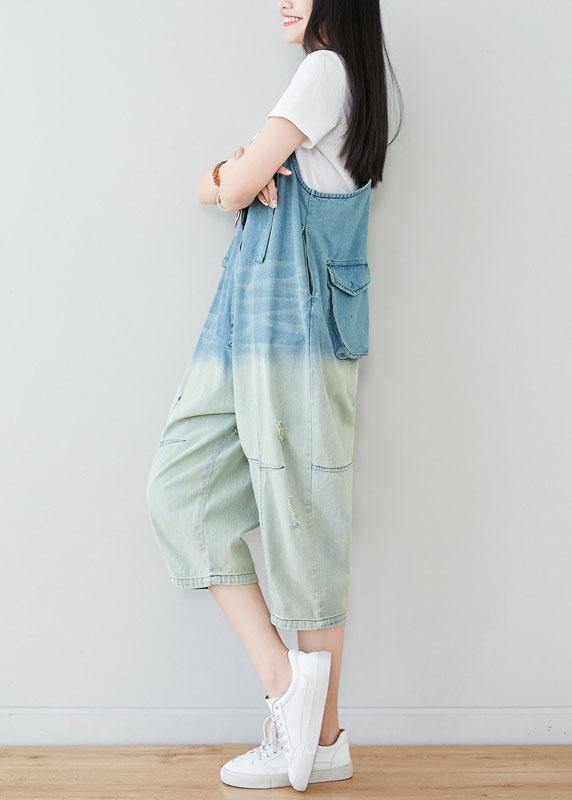 Natural Blue Pockets Button Gradient Color Fall Rompers Cotton
