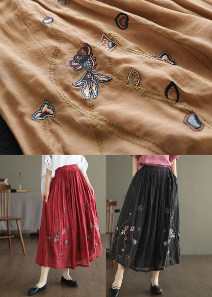 Black Elastic Waist Embroideried Linen Silk Skirt Spring