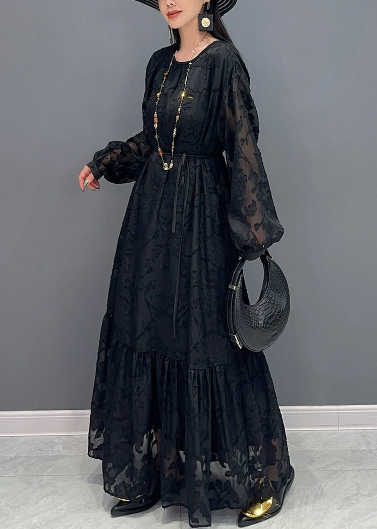 Black O-neck Tulle Maxi Dresses Lantern Sleeve